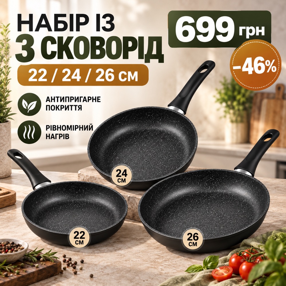 Набір із 3 сковорід 22/24/26 см з антипригарним гранітоподібним покриттям, чорний колір
