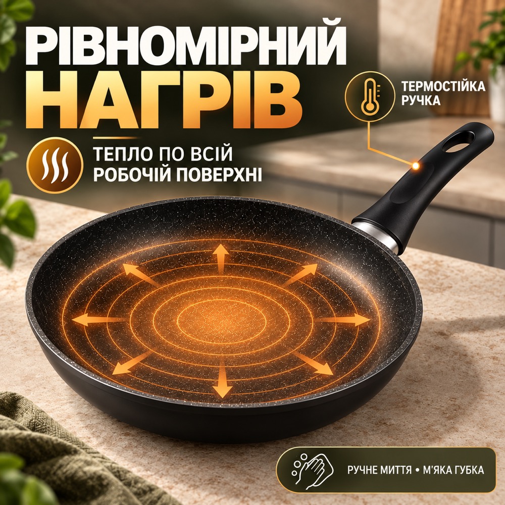 Рівномірний нагрів сковороди по всій робочій поверхні, термостійка ручка, ручне миття м'якою губкою